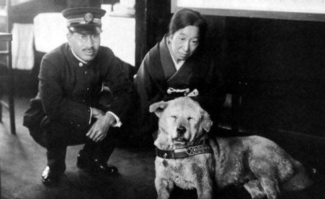 Hachi at Shibuya Station with stationmaster Yoshikawa Tadaichi and Yaeko, wife of Professor Ieno 